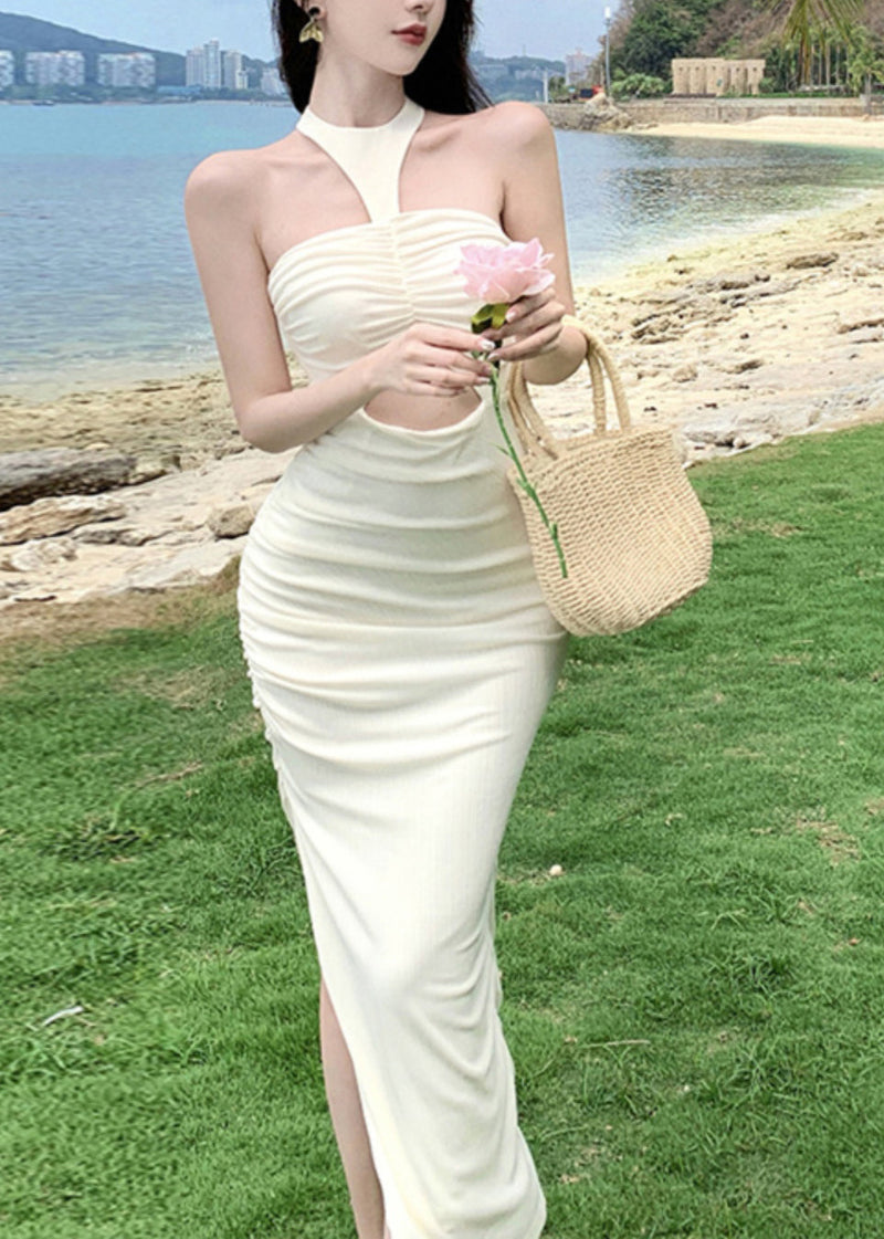Milk White Wrinkled Cold Shoulder Hollow Out Long Dress Summer Uu1054