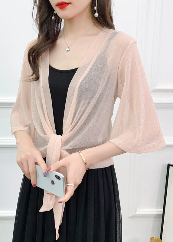 Pink Bright Silk Lace Up Tulle Cardigan Summer As1019