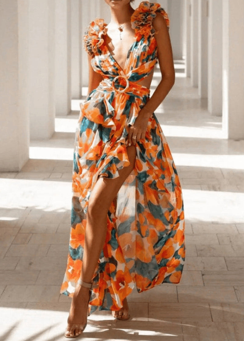 Pink Ruffled Print Lace Up Cotton Maxi Dress Sleeveless Bb060