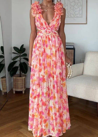 Pink Ruffled Print Lace Up Cotton Maxi Dress Sleeveless Bb060