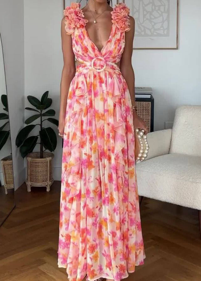 Pink Ruffled Print Lace Up Cotton Maxi Dress Sleeveless Bb060
