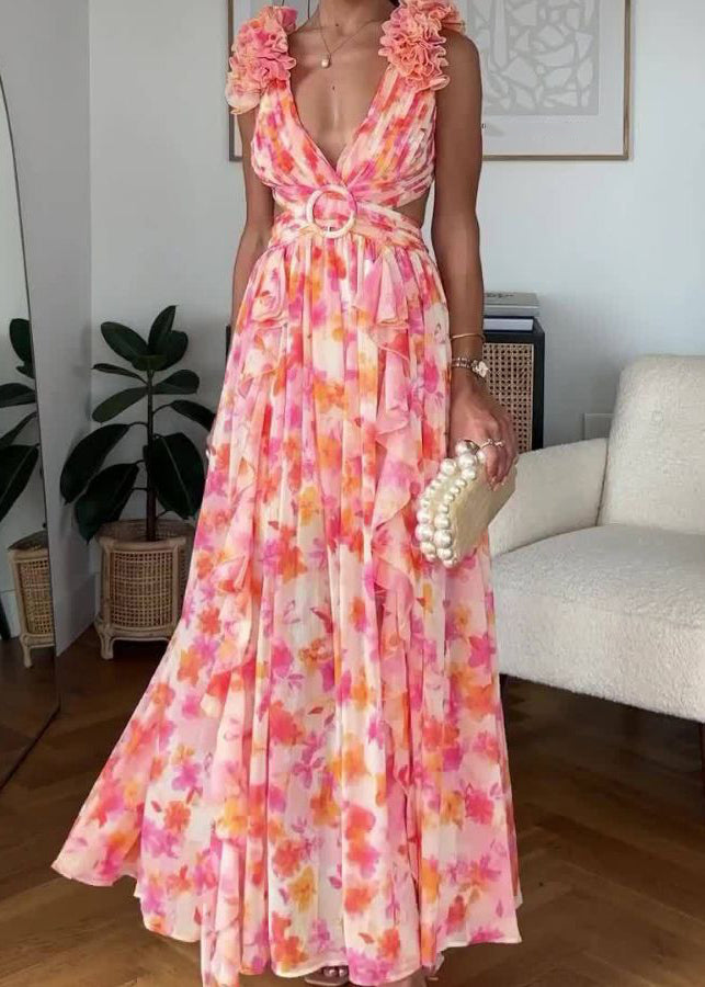 Pink Ruffled Print Lace Up Cotton Maxi Dress Sleeveless Bb060