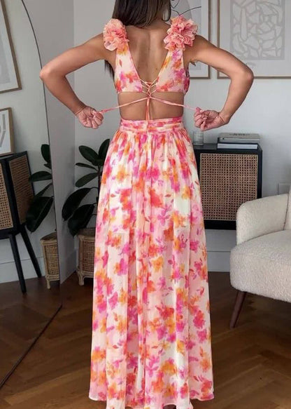 Pink Ruffled Print Lace Up Cotton Maxi Dress Sleeveless Bb060