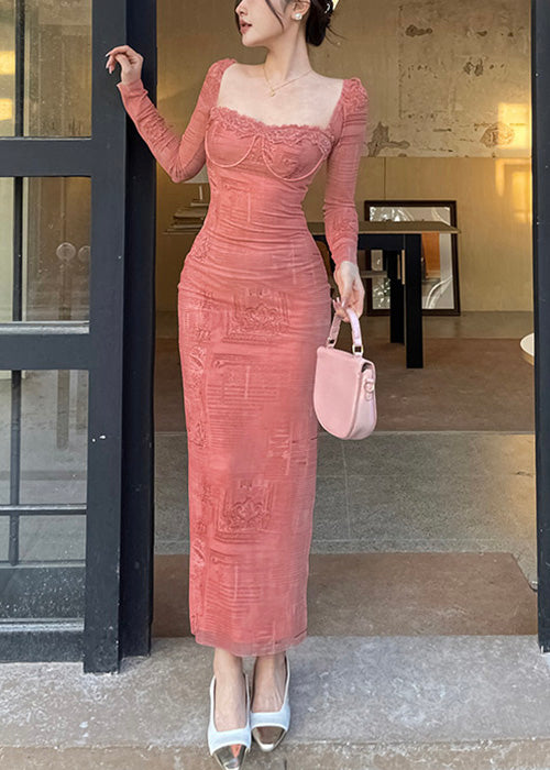 Pink Square Collar Side Open Cotton Long Dress Spring Yt008