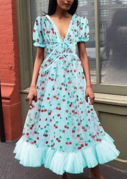 Pink V Neck Ruffled Lace Up Tulle Maxi Dresses Summer Aa1060