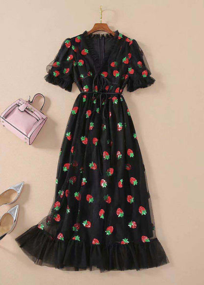Pink V Neck Ruffled Lace Up Tulle Maxi Dresses Summer Aa1060