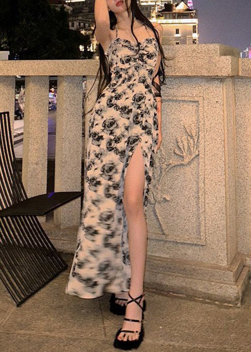 Red Ruffled Lace Up Print Cotton Long Dresses Sleeveless Az1050
