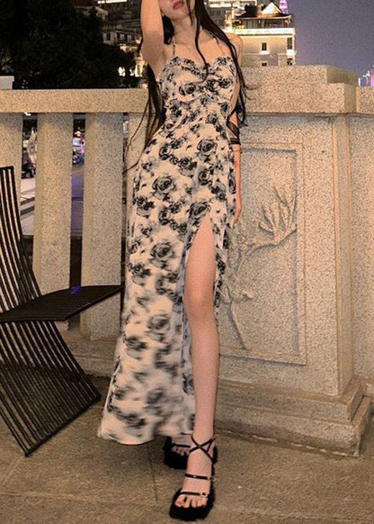 Red Ruffled Lace Up Print Cotton Long Dresses Sleeveless Az1050