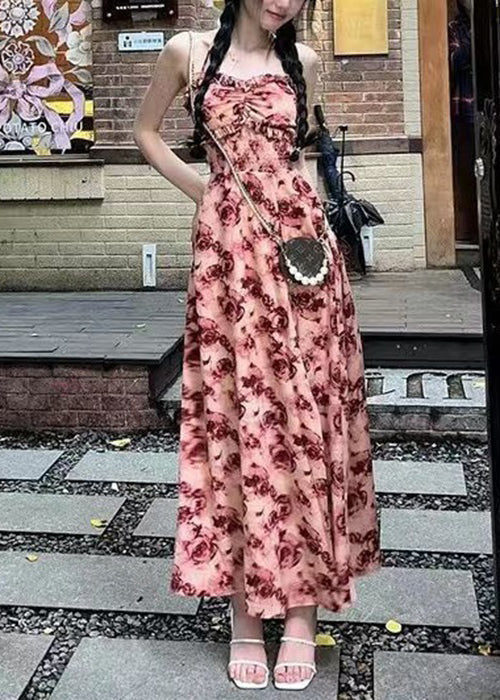 Red Ruffled Lace Up Print Cotton Long Dresses Sleeveless Az1050