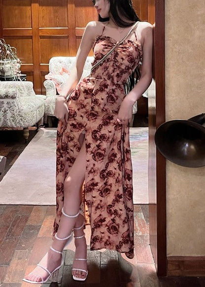 Red Ruffled Lace Up Print Cotton Long Dresses Sleeveless Az1050