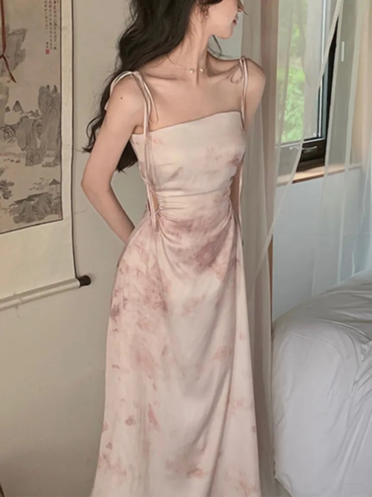 Spaghetti Strap Satin Midi Dress Hollow Out Slim Waist Summer Prom Roe One Piece Vestidos Mujer New