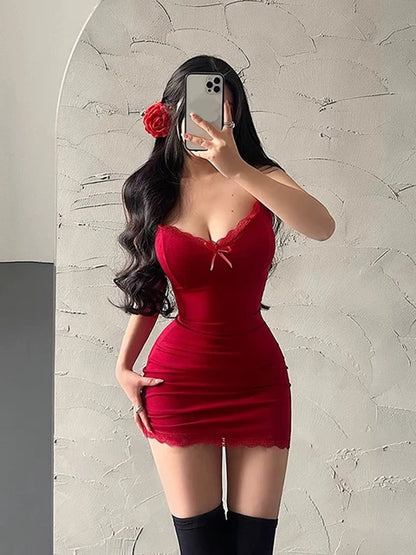 Summer Mini Dress Lace Red Camisole Sundress Sleeveless V-neck Basic Bodycon Dresses Lady Club Party Y2k Clothes