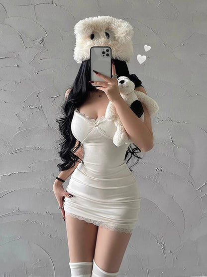 Summer Mini Dress Lace Red Camisole Sundress Sleeveless V-neck Basic Bodycon Dresses Lady Club Party Y2k Clothes