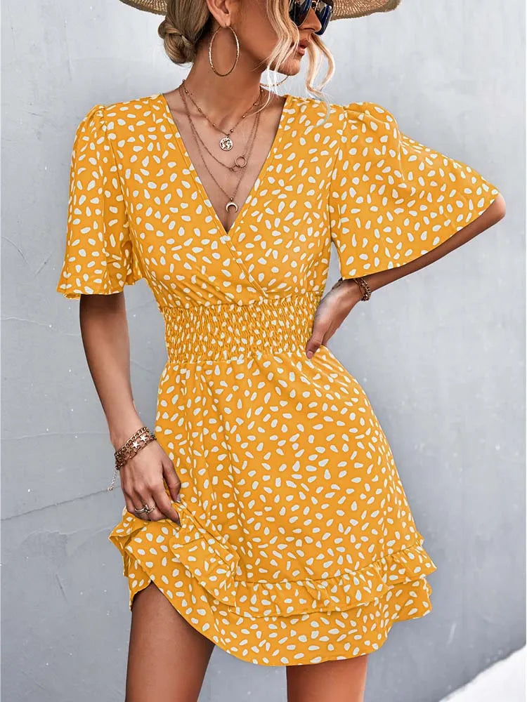 V Neck Mini Short Lotus Leaf Midi Dresses