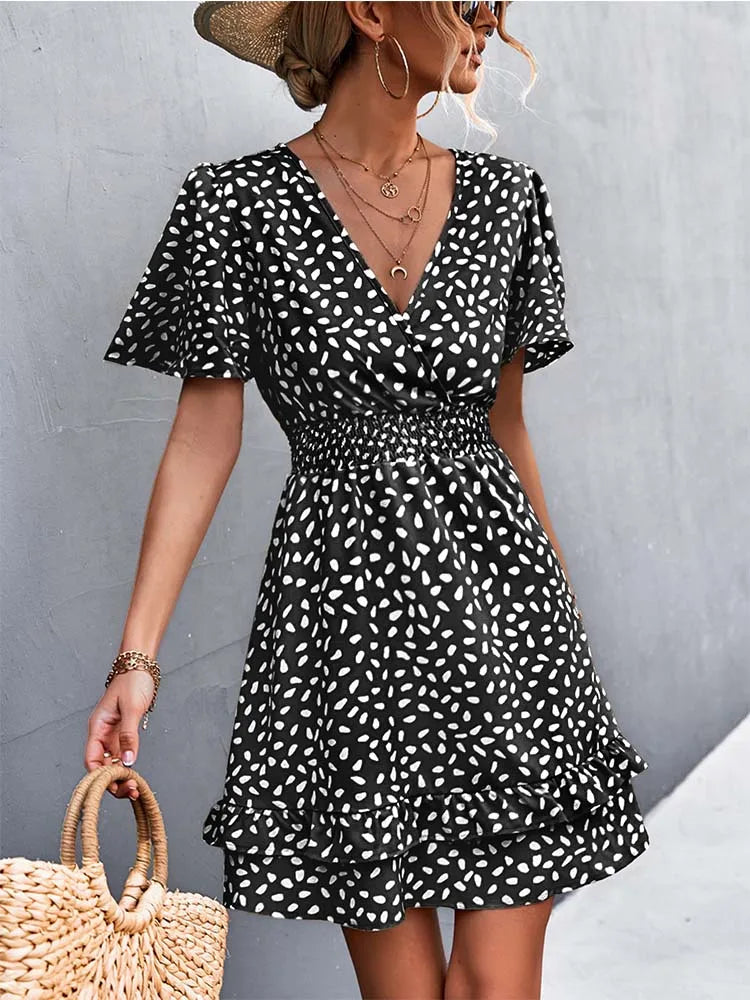 V Neck Mini Short Lotus Leaf Midi Dresses