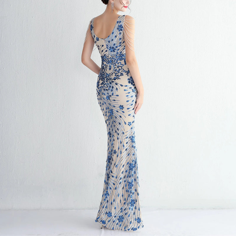 V-neck Sleeveless Dress With Stones and Crystals Sequins Tassel Party Dresses High Waisted Long Dress