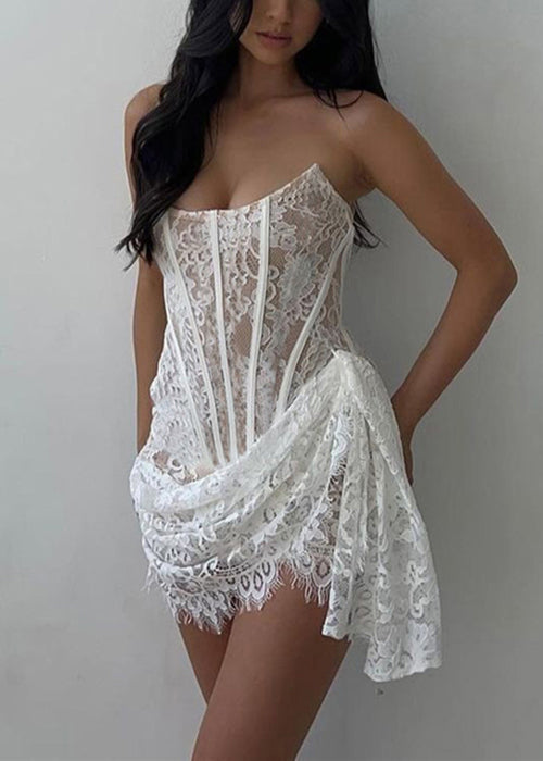 White Cold Shoulder Asymmetrical Lace Cotton Mini Dress Sleeveless Yz062
