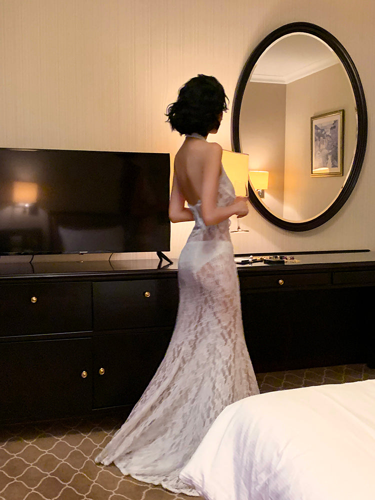 Lace Halter Backless Maxi Dress