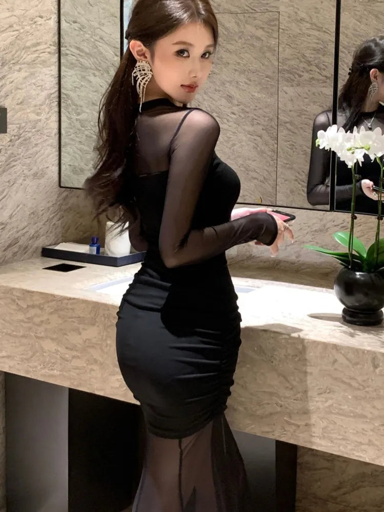 Mesh Maxi Dresses for Bodycon Long Sleeve Mermaid Evening Party Dress Prom Robe Black One Piece Vestidos Mujer New