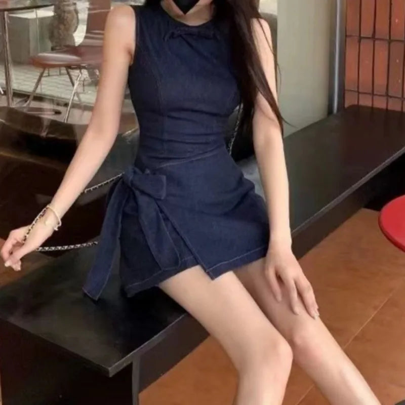 Blue Denim Dresses Sleeveless Bandage Bow Vestidos Para Mujer Korean Mini Dress