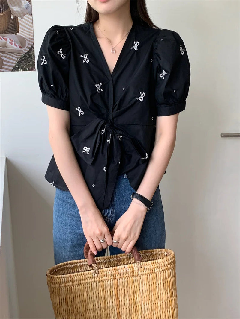 Stylish Vneck Sweet Blouses Summer Florals Half Sleeve Gentle Office Lady Slim Mujer High Street