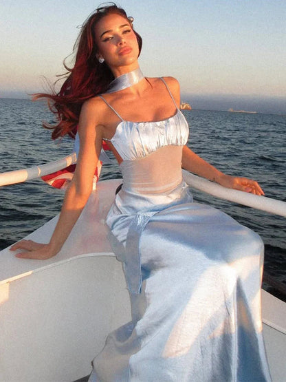 Vacaiton Beach Satin Dress Mesh Patchwork Sleeveless Ruffle Long Dresses Backless Party Dress