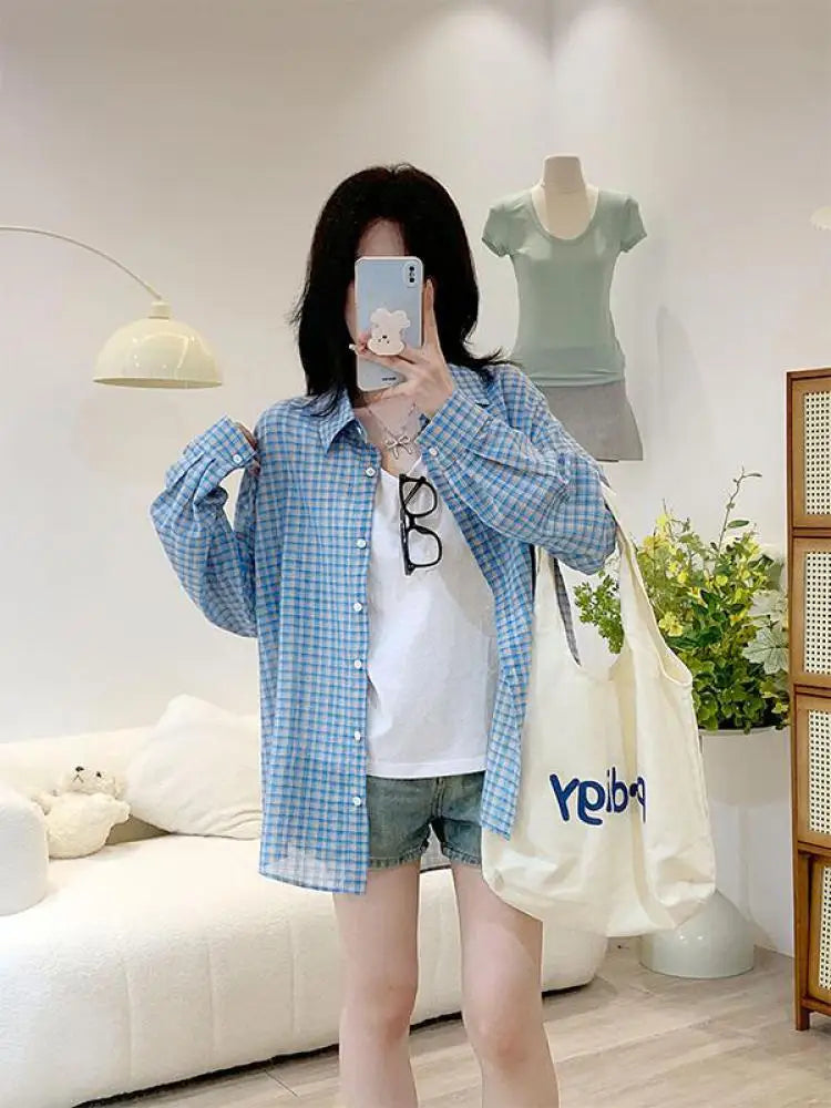 Korean Style Blue Plaid Single Breasted Shirt Spring Autumn Long Sleeve Loose Lapel Sunscreen Blouses