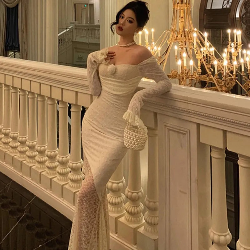 Lace Maxi Dresses for Off Shoulder Bodycon Mermaid Autumn Birthday Evening Party Prom Robe Vestidos Mujer New
