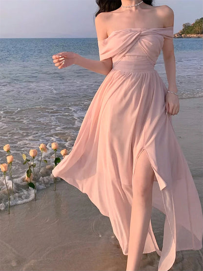Chiffon Midi Dress Summer New Off Shoulder Slash Neck High Split Holiday Beach Style Backless Party Dress Vestido