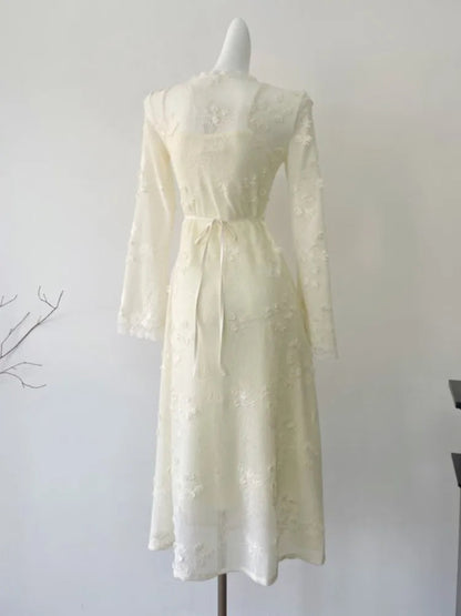 Lace Midi Dress for French Flare Sleeve Slim Aline Long Dresses Autumn Vestidos Female Clothing New