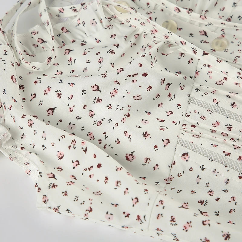 Print Ruched Aline Blouse French Style Singlebreasted Short Sleeve Top Slimming Tieup Collar Shirts
