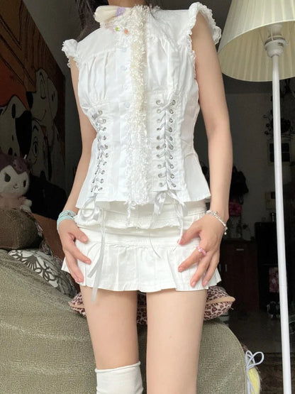 Fungus Flying Sleeve Shirts Slim Waist Lace Up Vest Blouses Y2k Grunge Single Breasted White Blusas Mujer