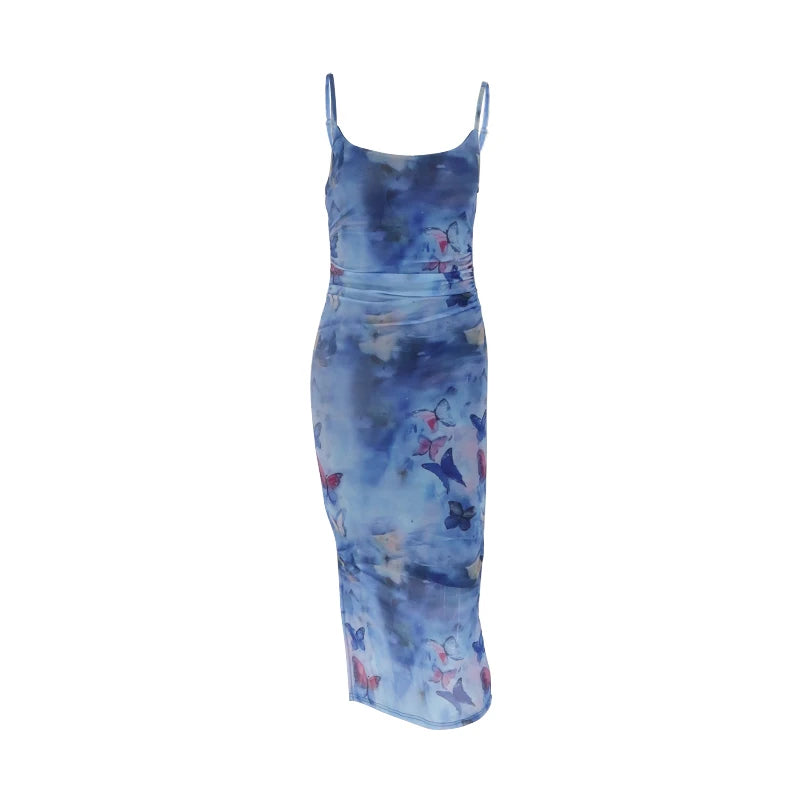 Summer Maxi Dress Preppy Style Butterfly Print Sleeveless Strap Dresses Clubwear Party Dresses