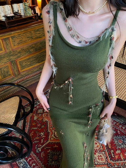 2000s Y2k Midi Dress Bodycon Knitted Dress Even Party Korean Outwear Summer Sleeveless