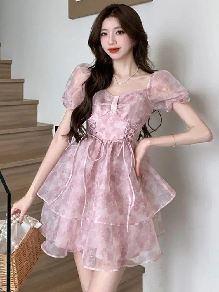 Korean Sweet Laceup Mini Dress Print Puff Sleeve Ball Gown Birthday Party Short Dresses Summer Spring Princess Vestidos