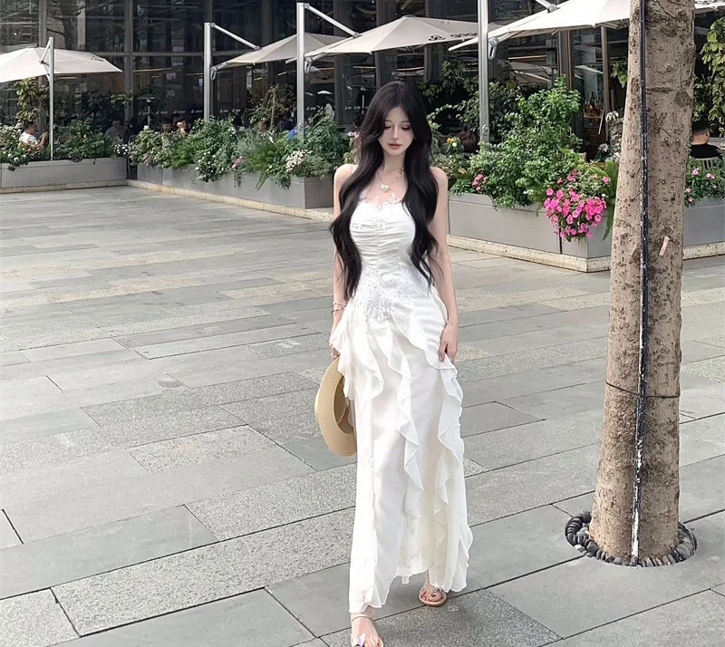 Korean Sweet Fairycore Long Dresses for Spaghetti Strap Ruffles Princess Party Dress Summer Slim Waist Vestidos
