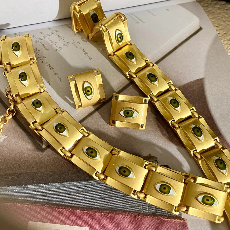 Gold Square Eye Necklace & Earrings Set