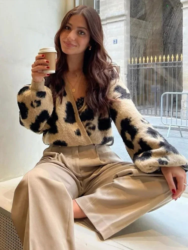 Retro Knitted Leopard Cardigan V-neck Soft Open Sweaters Female Autumn Versatile High Street Knitwear