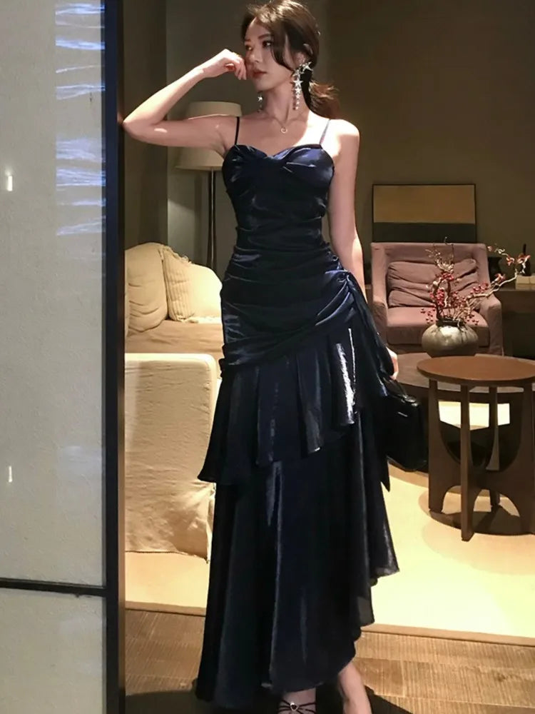 Spaghetti Strap Long Dresses Sleeveless Princess Ruffles Evening Party Dress Summer Holiday Beach Vestidos Robe New