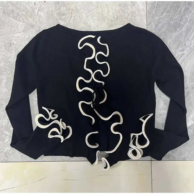 Slim Ruffle Lace Up Blouse Patchwork Hollow Out Short Cardigan Female Autumn Street Knitwear