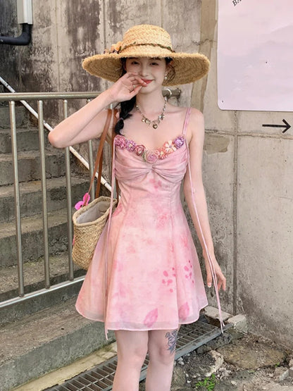 Summer French Spaghetti Strap Mini Dress Flower Frocks Party Evening Onepiece Y2k