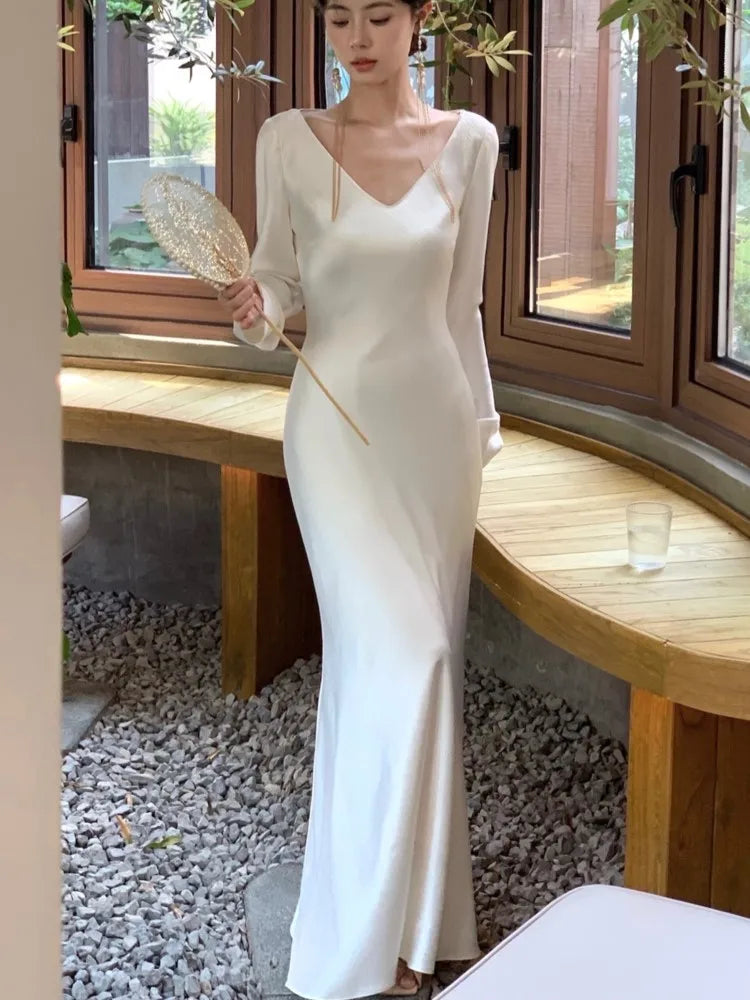Autumn Satin Long Dresses for Wedding Evening Party Dress Prom Robe V-neck Long Sleeves Mermaid One Piece Vestido