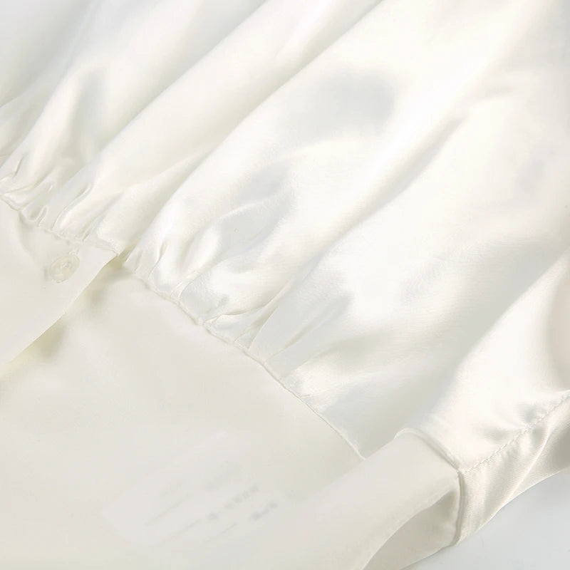French Retro Satin Aline Shirt Slimming Short Sleeve Vneck Blouses Office Top Allmatch