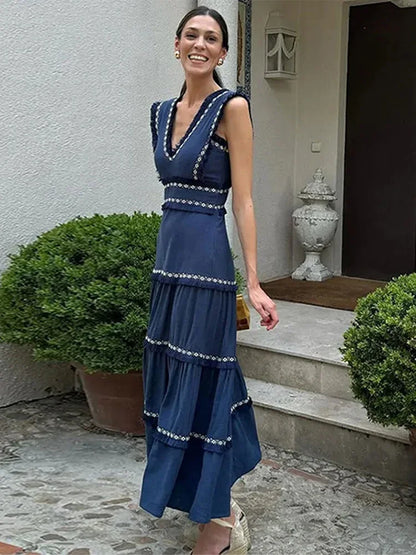 Tassel Spliced Print Ruffles Long Dress V Neck Sleeveless A-line Robe Lady Holiday Robe