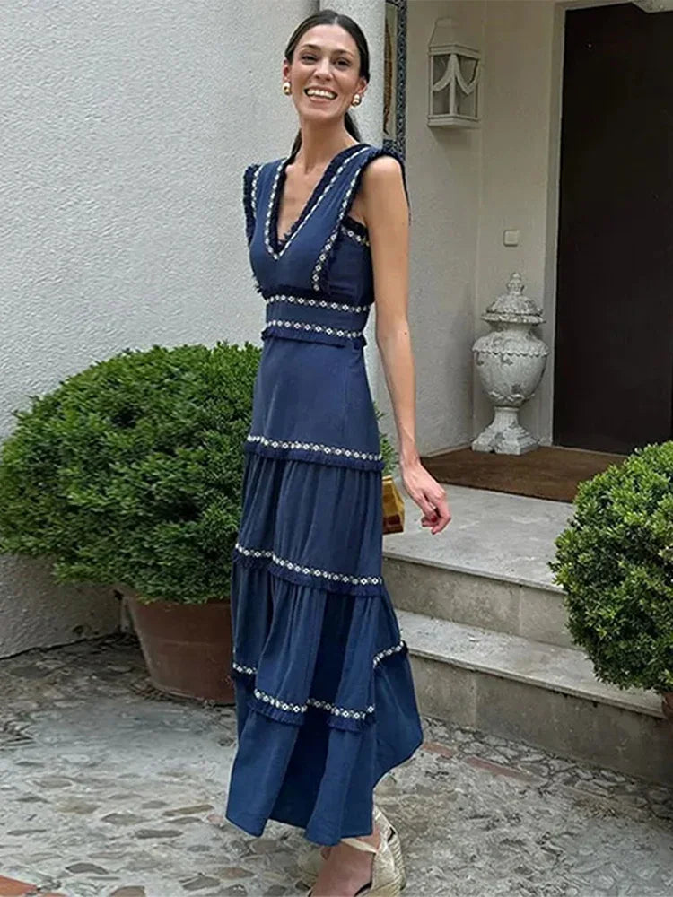 Tassel Spliced Print Ruffles Long Dress V Neck Sleeveless A-line Robe Lady Holiday Robe