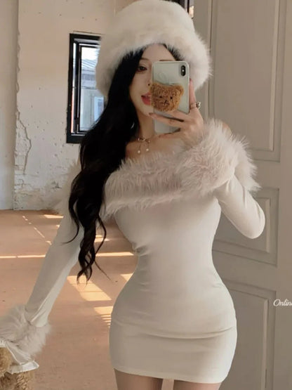 Y2k Christmas Mini Dress for Off Shoulder Slash Neck Patchwork Bodycon Party Dresses Winter Sweet Prom Vestidos Robe