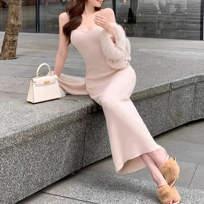 Autumn New High Street Color Threaded Chain Knit Dress + Loose Plush Spliced Cardigan Twopiece Suit