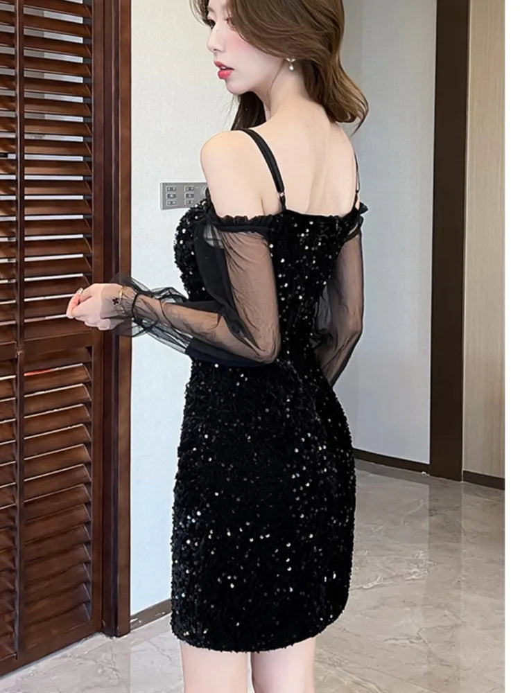 Sequins Velvet Dresses Korean Off Shoulder Slash Neck Slim Evening Party Mini Dress Female Short Vestidos Clothes