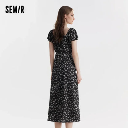 Dress Split Bubble Sleeve Medium Long Dress Summer New Square Neck Chiffon Dress Romantic