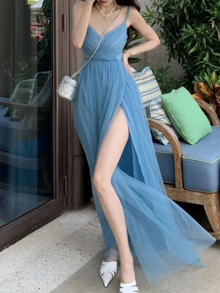 Beach Long Holiday Dress Blue Mesh Strap Vneck Split Maxi Dress Vestidos Elegantes Wedding Party Dresses Prom Dress